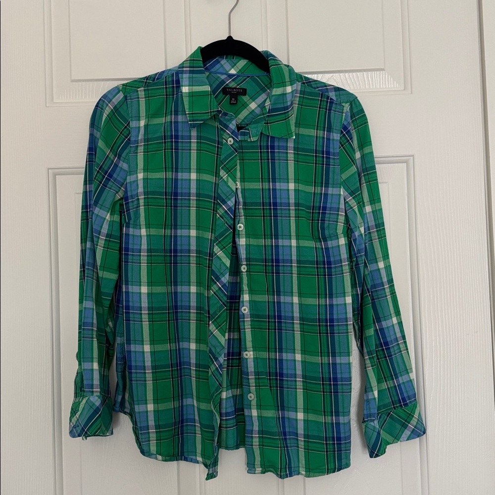 Talbots Green and Blue Spring Plaid Button Down Shirt MP